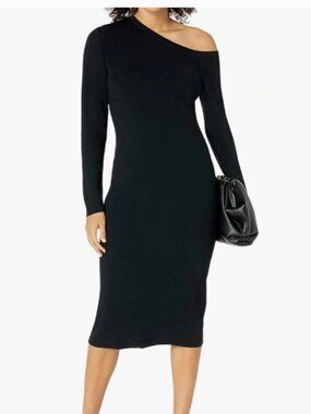 NEW The Drop Giselle Asymmetric Neckline Black Midi Dress Long Sleeve Small NWT